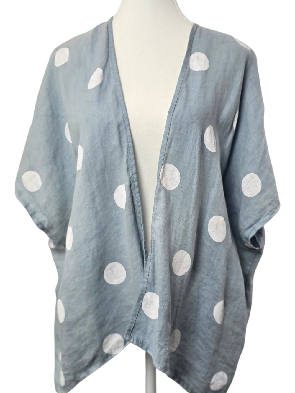 Francesca Bettini Blue Polka Dot Linen Kimono Open Front Lightweight Boho Sz M